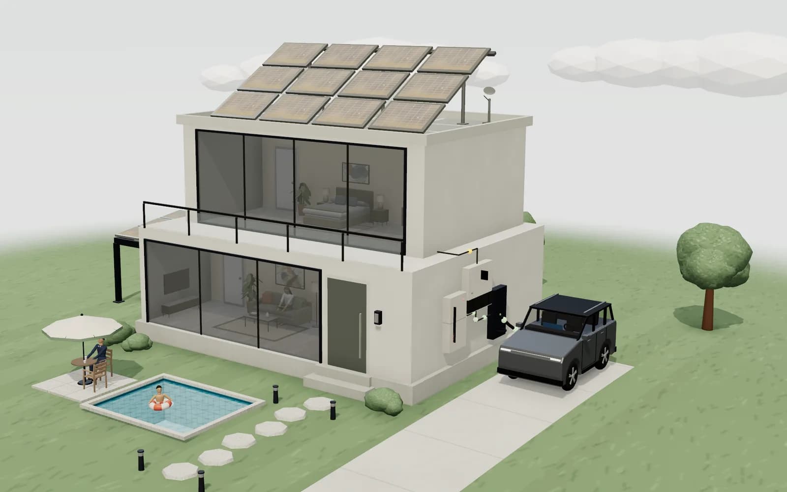Solar-powered house with dust-covered panels and dim rooms